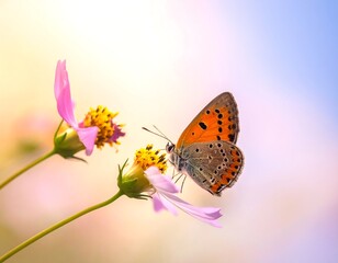 Butterfly alights on pink flower, bathed in soft, diffused light