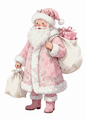 Snow Scene Art Pink Santa with Gifts isolated watercolor vector illustration svg