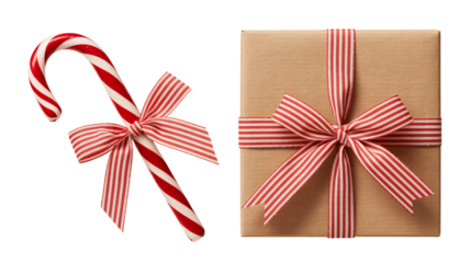 Classic holiday gift and candy cane with festive red striped ribbon, ready for Christmas giving