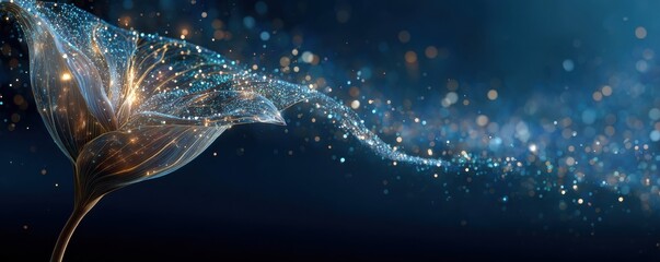 Abstract vector illustration of a glowing digital plant with blue particle flow and light