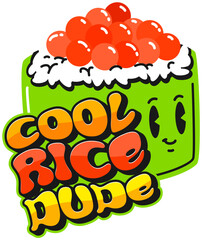 Japanese seafood caviar sushi retro Y2K sticker or patch. Sushi dish 60s Y2K sticker, Japanese cuisine meal vector patch. Japan seafood delicacy label with caviar sushi character and funky typography