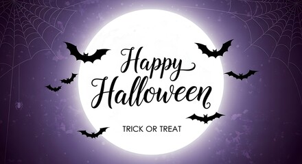Happy Halloween text with bats and spider web on moon background