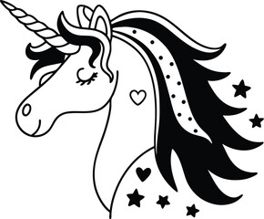 Dreamy unicorn head silhouette with decorations isolated on transparent background