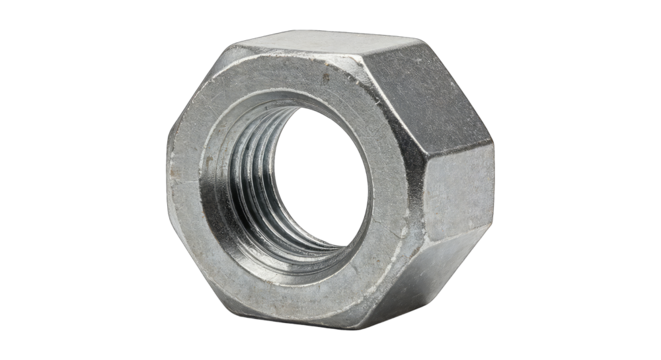 Close-up of a single metal hex nut fastener with internal threads, hardware, machinery part