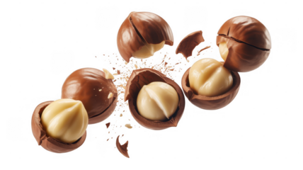 Macadamia nuts cracking open isolated on a transparent background