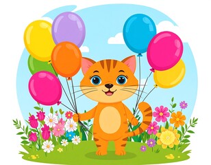 Cartoon cat in a field holding colorful balloons, sunny sky