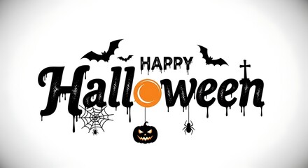 Happy Halloween Text with Bats Spiders and Pumpkin on White