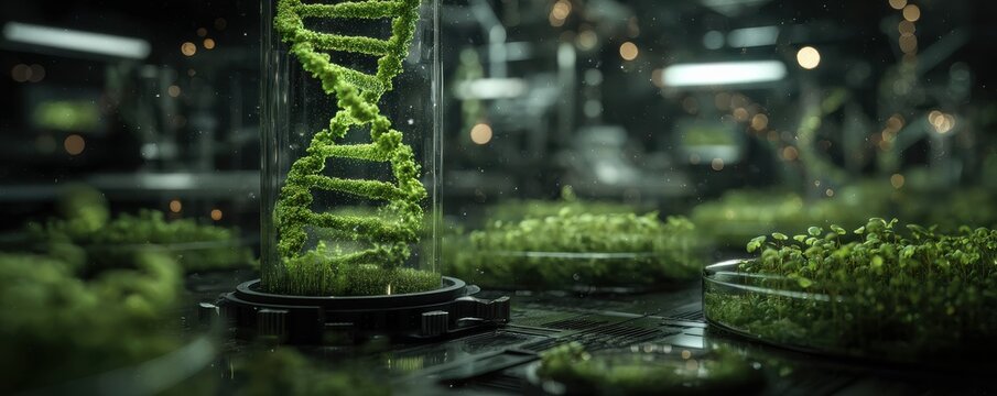 Futuristic green DNA laboratory scene with mossy holographic screen device in lush biotech greenhouse - Powered by Adobe