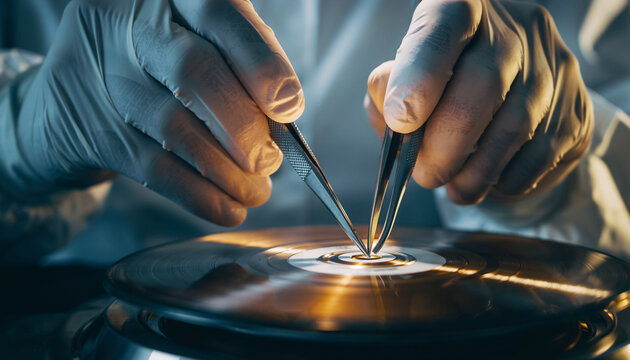 Gloved hands using tweezers to handle delicate laboratory equipment, focusing on precision and careful scientific research in controlled environment