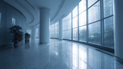 Serene blue toned hallway in modern office building with large glass windows creating soft, diffused light. High quality