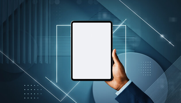 Hand holding digital tablet with blank screen, modern workspace background, geometric shapes, blue color scheme, technology concept, clean composition, corporate header banner