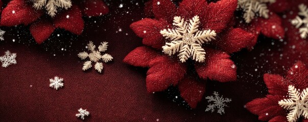 Snowflake pattern on red background with white snowflakes for festive holiday decor photography
