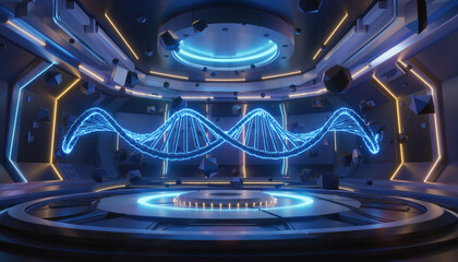 Futuristic genetic engineering concept glowing double helix structure blue neon light in high tech laboratory with floating geometric shapes, advanced science innovation