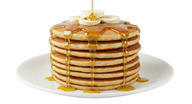 Golden pancakes stacked high with fresh banana slices and drizzled with warm syrup, a delightful breakfast treat.