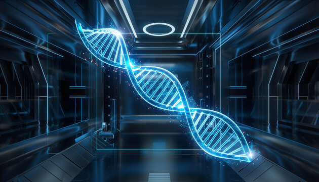 Futuristic glowing double helix structure blue neon light, genetic engineering concept, digital laboratory, advanced technology, innovation, science fiction, high tech