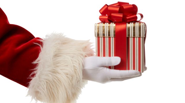 Santa's hand offering a beautifully wrapped Christmas present with a vibrant red ribbon and bow