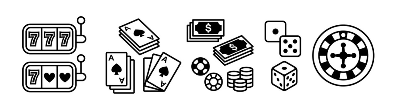 Casino and gambling concept icons. Slot machines, playing cards, dice, roulette, casino chips, etc.