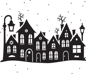 Fototapeta premium Black silhouette of houses and lampposts in snow black and white
