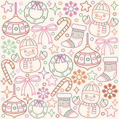  Seamless Christmas Outline Pattern. Winter Holiday Doodle Background with Snowman, Ornament, and Stocking.