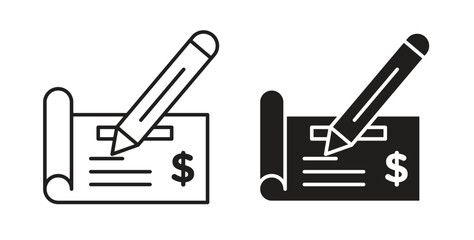 Signing cheque icons with simple flat and thin stroke style