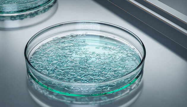 Petri dish laboratory experiment transparent organic pattern blue glass science research Petri dish with transparent blue organic patterns laboratory setting evoking curiosity and innovation