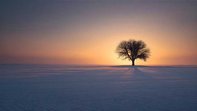 Lone tree at sunset on a snow-covered field casting a long shadow in the golden light - Powered by Adobe