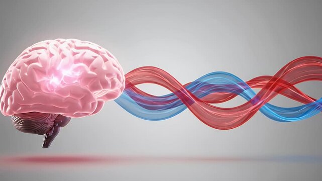 A visually striking 3D rendering presents a stylized human brain model, depicted in a soft pink hue with an illuminated, glowing area suggesting active neural processing. From this intricate organ, dy