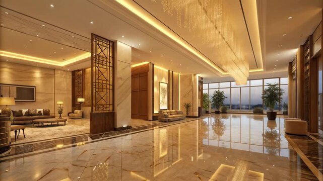 Grand entrance hall of a luxury hotel featuring opulent marble flooring and warm ambient lighting