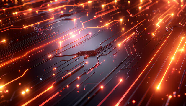 Abstract glowing orange lines and dots on a dark circuit board, representing data flow and digital technology.