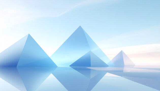 Abstract blue pyramids reflecting on a calm, serene surface under a soft, light blue sky, creating a minimalist and tranquil scene.