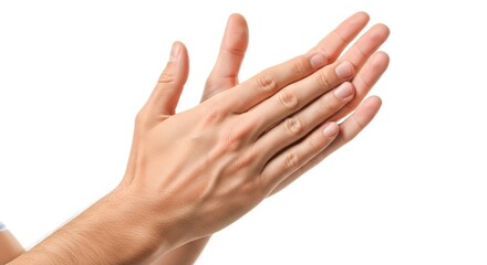Close up of a pair of human hands in motion clapping together with fingers extended and palms meeting isolated on white background