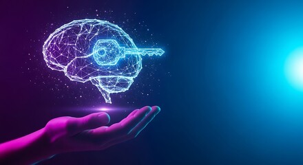 Human Brain with Key and Hand in Neon Light mind intelligence