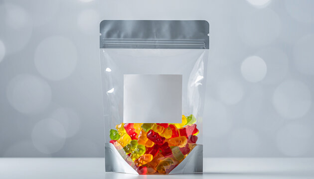 Clear stand up pouch half filled with colorful gummy bears, matte top seal, blank label, clean background, soft lighting, modern packaging, cheerful and inviting snack display