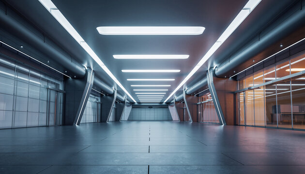 Wide angle shot of high tech biomedical research facility with modern architecture, glass walls, futuristic lighting, and spacious interior, evoking clean and innovative atmosphere