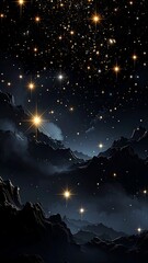 Celestial scene of starry sky above misty, dark mountain peaks