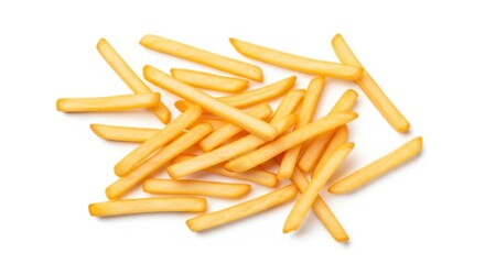 A pile of golden brown french fries artfully arranged and isolated on a clean white background for a food advertisement isolated on white background