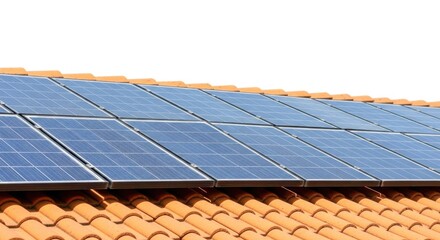 A close up view of a residential rooftop covered with multiple dark blue solar panels installed on terracotta tiles isolated on white background