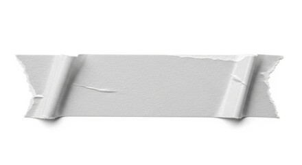 A torn piece of grey masking tape is attached to a white background with the ends peeling away isolated on white background