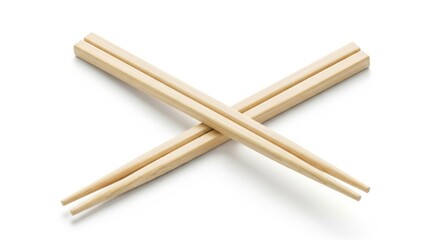Two light brown wooden chopsticks are crossed in an x shape on a clean white background isolated on white background