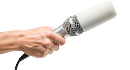 Hand holding a white and silver microphone with a black cable isolated on white background