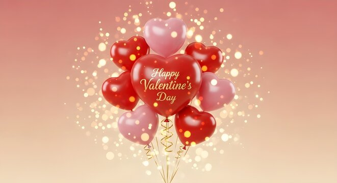 Happy Valentine's Day text on shiny heart balloons with glowing sparkles and romantic background