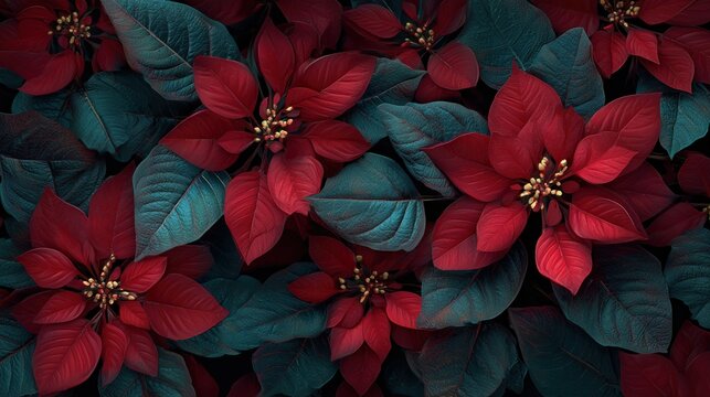 A tree made of vibrant red poinsettia flowers, with dark green leaves as accents, opulent and botanical, macro photography