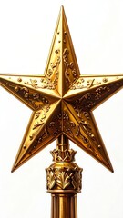 Close-up of a decorative, shiny, golden five-pointed star tree topper, detailed with intricate floral designs, mounted on a pole
