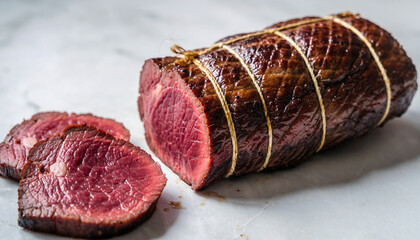 A roasted beef fillet, tied with kitchen twine and sliced, showcasing a pink interior, on a white marble surface, perfect for a traditional Christmas dinner in the UK.