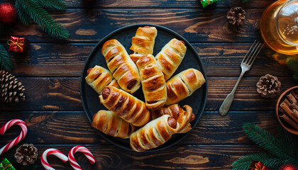 Overhead view of a festive Christmas dinner table with a plate of golden-brown pastries, candy canes, and decorations on a wooden surface in the UK.