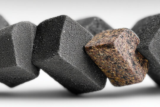 Geometric black and brown porous blocks on a stark white background.