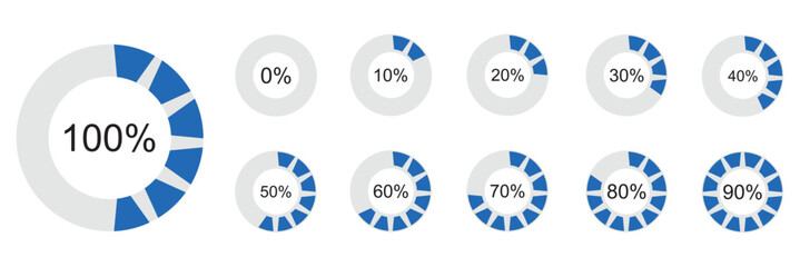 Percentage number icon set vector illustration featuring segmented blue radial pie charts displaying progress from 0% to 100%, perfect for data visualization, infographics, and loading indicators.