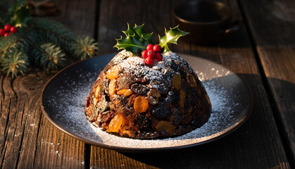 A traditional British Christmas pudding, dusted with powdered sugar and topped with holly, on a rustic wooden table in the UK.