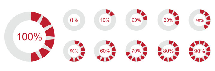 Percentage number icon set vector illustration featuring segmented blue radial pie charts displaying progress from 0% to 100%, perfect for data visualization, infographics, and loading indicators.
