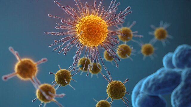 Glowing orange immune cell or virus connecting with smaller particles